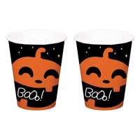 Halloween thema feest beker - 12x - pompoen BoOo! print - papier - 250 ml - Feestbekertjes - thumbnail