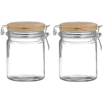 Voorraadpot/bewaarpot - 2x - 700 ml - glas - met beugelsluiting - bamboe deksel