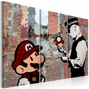 Schilderij - Banksy: Waarschuwing  , mario bros , rode muur , 3 luik