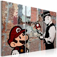 Schilderij - Banksy: Waarschuwing  , mario bros , rode muur , 3 luik - thumbnail