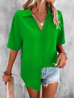 Casual Loose Shirt Collar Plain Blouse - thumbnail