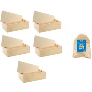 5x Houten wijnkist/verpakking met schuifdeksel/300 gram houtwol