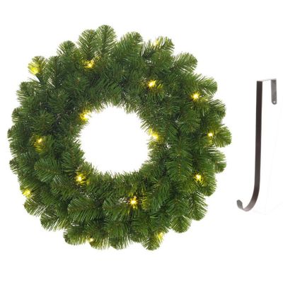 Groene verlichte kerstkransen/deurkransen met 30 LEDS 60 cm met ijzeren hanger