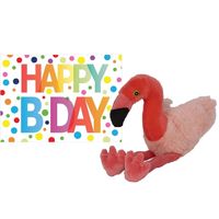 Pluche knuffel flamingo 32 cm met A5-size Happy Birthday wenskaart - thumbnail