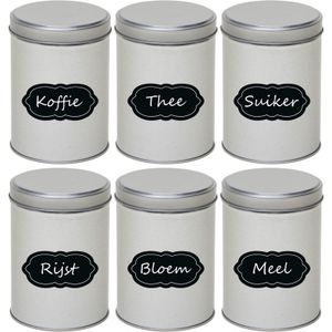 6x Zilveren ronde voorraadblikken met beschrijfbare labels 13 cm