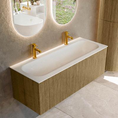 Badmeubel Mondiaz Kurve | 120 cm cm | Meubelkleur Dusk | Wastafelkleur Talc | Solid surface | Wasbak midden spoelbak | 2 kraangaten