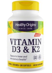 Vitamin D3 & K2, 50mcg/200mcg, 180 Softgels, Healthy Origins