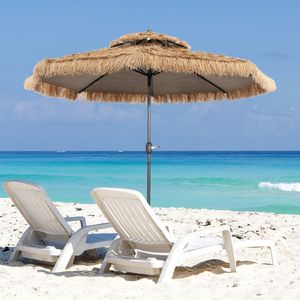 2,85m Rieten Tiki Parasol Hawaiian Stijl Parasol met 8 Baleinen Buiten Dubbele Geventileerde Parasol voor Strand Zwembad