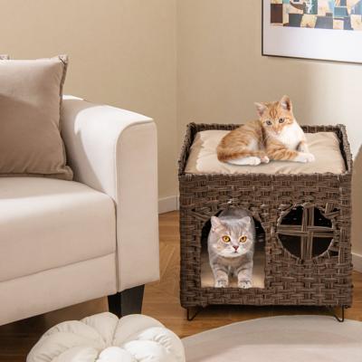 Kattenhuis van PE-rattan Opvouwbaar 2 Verdiepingen Kattenbed met Grote Zitstaaf Afneembare Kussen 50,5 x 45 x 50 cm