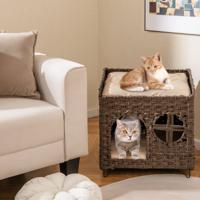 Kattenhuis van PE-rattan Opvouwbaar 2 Verdiepingen Kattenbed met Grote Zitstaaf Afneembare Kussen 50,5 x 45 x 50 cm
