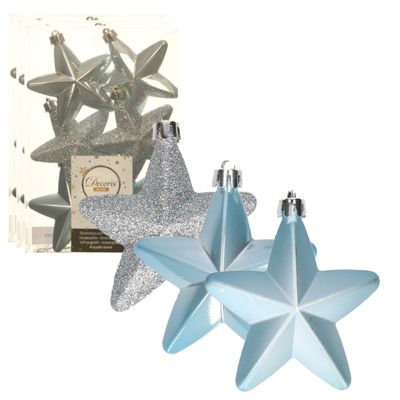 18x stuks kunststof sterren kersthangers lichtblauw 7 cm
