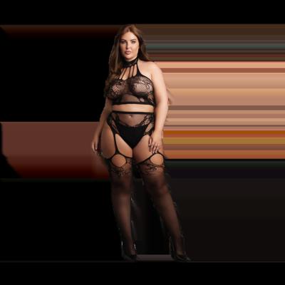 Le Désir by Shots Twee Delige Set met Halter Turtleneck en Pantie met Aangehechte Kousen - OSX - Zwart