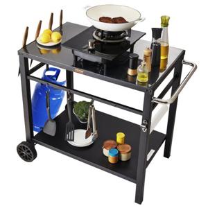 VEVOR serveerwagen keukenwagen 100 x 64 x 83,5 cm buitengrill eetwagen met dubbele plank, verplaatsbare grilltafel voor voedselbereiding, multifunctioneel ijzeren tafelblad zwart