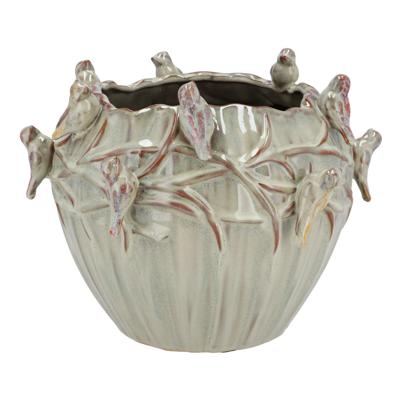 Bloempot/plantenpot Spring birds - mosgroen - keramiek - D28 x H22 cm
