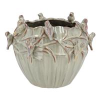 Bloempot/plantenpot Spring birds - mosgroen - keramiek - D28 x H22 cm Bloempot/plantenpot Spring birds - mosgroen - keramiek - D28 x H22 cm