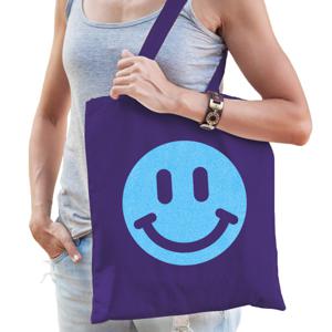 Cadeau tas voor dames - glitter smiley - paars - katoen - 42 x 38 cm - Moederdag - verjaardag