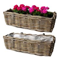 Balkonmand - 2x - rotan gevlochten - 60 x 20 x 16 cm - bloemen/planten - schuttingmand -hangmand