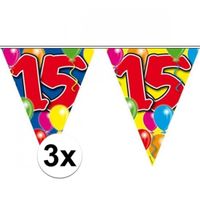 3x Leeftijd versiering vlaggenlijnen 15 jaar 10 meter - thumbnail