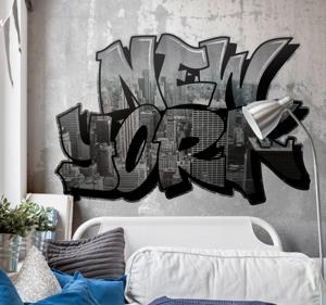 New York fotobehang Graffiti met uitzicht op de stad