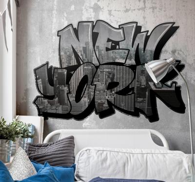 New York fotobehang Graffiti met uitzicht op de stad