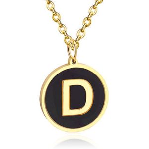 Goudkleurige Dames Schakelketting met Zwarte Kettinghanger Letter D