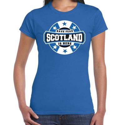 Have fear Scotland is here / Schotland supporter t-shirt blauw voor dames Have fear Scotland is here / Schotland supporter t-shirt blauw voor dames