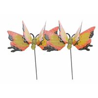Set van 2x stuks metalen vlinder geel/oranje 11 x 70 cm op steker - Tuinbeelden