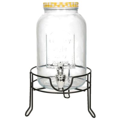 Limonade/drankdispenser op verhoger - geel/wit geblokte dop - 3,5 liter - glas - H37 x B19 cm