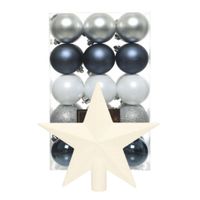 Kerstballen 30x st - 6 cm - met ster piek - blauw/wit/zilver -kunststof