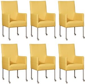 Set van 6 Gele leren moderne eetkamerstoelen Spark - poot rond rvs met wiel - Toledo Leer Giallo (geel leer)