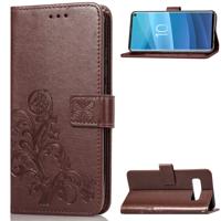 Lucky Clover ingedrukt bloemen patroon lederen case voor Galaxy S10e met houder & kaartsleuven & portemonnee & hand strap (bruin)