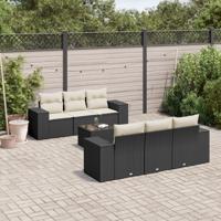 7-delige Loungeset met kussens poly rattan zwart