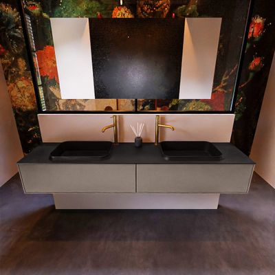 Badkamermeubelset Mondiaz Erin 200 cm met 2 Lades met RIDGE Wastafel Dubbel Urban met 2 kraangaten Greeploos Mat Smoke