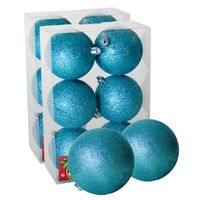 12x stuks kerstballen ijsblauw glitters kunststof 8 cm - thumbnail