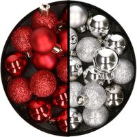 34x stuks kunststof kerstballen rood en zilver 3 cm - thumbnail