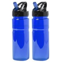 Kunststof waterfles/drinkfles/sportfles - 2x - blauw - met drinktuit - 650 ml - thumbnail