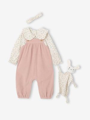 Babypakje T-shirt + salopet + haarband + knuffel roze (poederkleur)