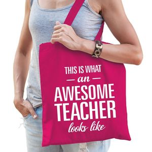 Awesome teacher bedank cadeau tas roze katoen - Feest Boodschappentassen