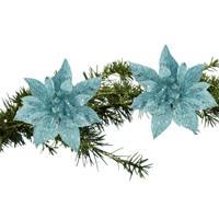 Decoratie bloem - 2x stuks - kerstster - op clip - blauw - glitter -15 cm - kunststof - kerstversier