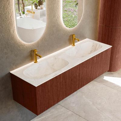 Badmeubel Mondiaz Kurve-Dlux | 150 cm cm | Meubelkleur Ruby | Wastafelkleur Frappe | Solid surface | Wasbak beiden zijden spoelbak | 2 kraangaten