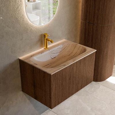 Badmeubel Mondiaz Kurve-Dlux | 70 cm | Meubelkleur Walnut | Wastafelkleur Arena | Solid surface | Wasbak midden spoelbak | 1 kraangat