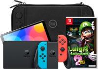 Nintendo Switch OLED Rood/Blauw + Luigi's Mansion 2 HD + BlueBuilt beschermhoes