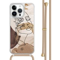 iPhone 14 Pro Max hoesje met beige koord - Abstract gezicht bruin