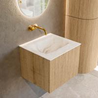 Mondiaz KURVE-DLUX 50 cm Onderkast Greeploos 1 Lade Zonder Deuren Oak, Wastafel Solid Surface Midden Frappe 0 Kraangaten Zonder Spiegel (KRVGRU501L0D0KM-Oak/Fra)