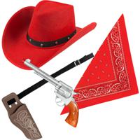 Carnaval verkleeds set cowboyhoed Billy - rood - rode hals zakdoek - holster met revolver - thumbnail