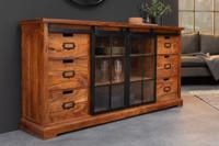 Massief dressoir HERITAGE 150 cm natuurlijke acaciahout zwarte metalen vitrine - 44049