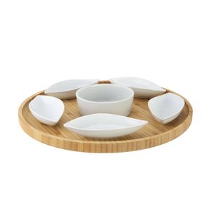 Cosy & Trendy serveerplank bamboe dia 26 cm met 6x luxe hapjes/saus/tapas keramieken schaaltjes - Snack en tapasschalen