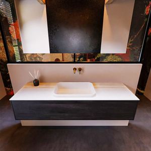 Badkamermeubelset Mondiaz Erin 150 cm met 1 Lade met RIDGE Wastafel Midden Talc Zonder Kraangaten Greeploos Mat Dark Brown