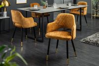 Elegante stoel PARIS mosterdgeel fluweel decoratief quilten en gouden voetkappen - 40573
