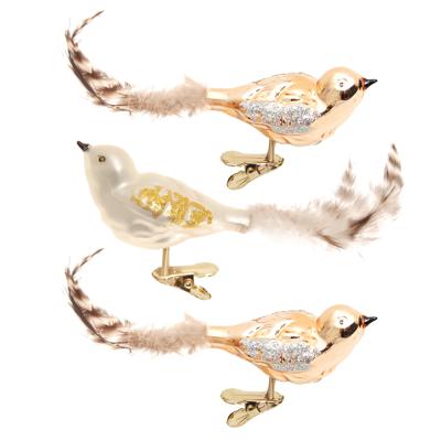 Decoratie vogeltjes - 3x - naturel velvet - op clip - 11 cm - glas - luxe glazen kerst vogels Decoratie vogeltjes - 3x - naturel velvet - op clip - 11 cm - glas - luxe glazen kerst vogels